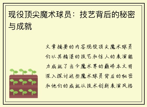 现役顶尖魔术球员：技艺背后的秘密与成就